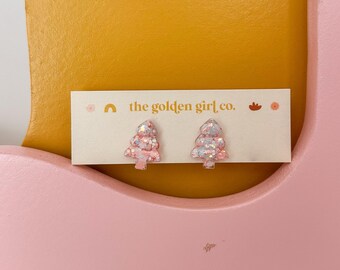 Pink Christmas Tree Studs