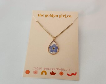 Teardrop Forget Me Not Necklace - Pressed Forget-Me-Not Pendant - Dainty Gold-Plated Chain - Teardrop Pendant Necklace - Floral Jewelry Gift