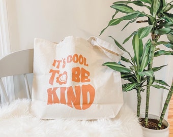 It’s Cool To Be Kind Tote Bag | Large Square Tote | Recycled Cotton Reusable Bag | Trendy Retro Style Tote