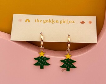 Funky Christmas Tree Huggie Hoops