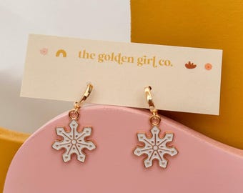 White Snowflake Huggie Hoops