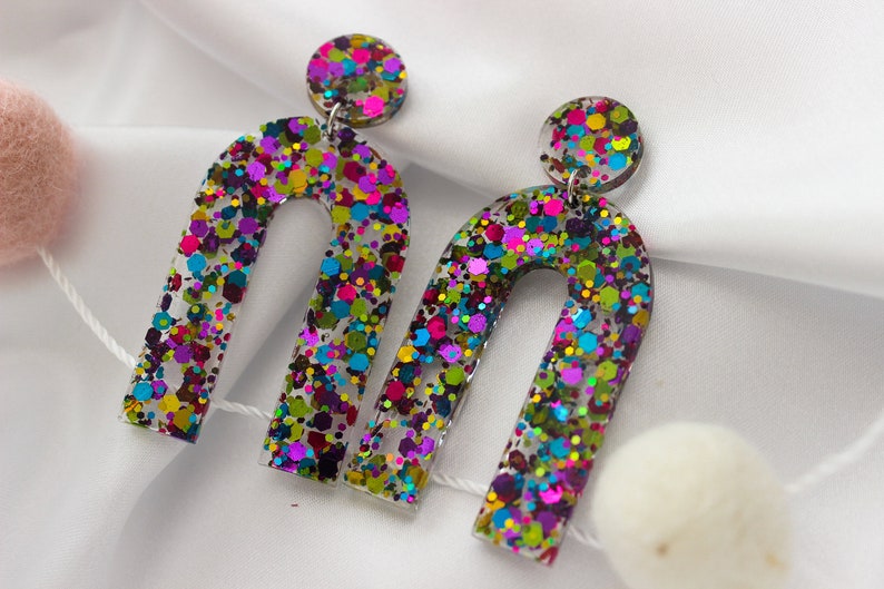 Arch Dangle Resin Earrings Confetti Glitter Earrings Party Earrings Glitter Statement Earrings image 1