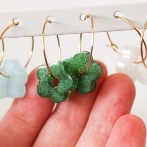 Mini Hoop Flower Dangles Flower Huggie Hoops Minimalist Flower Hoop Earrings Emerald Green