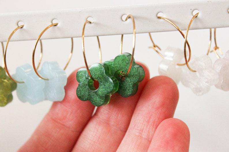 Mini Hoop Flower Dangles Flower Huggie Hoops Minimalist Flower Hoop Earrings Emerald Green