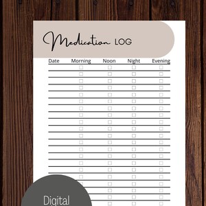 Printable Medication Tracker Log Digital Download - Morning, Noon, Night, Evening