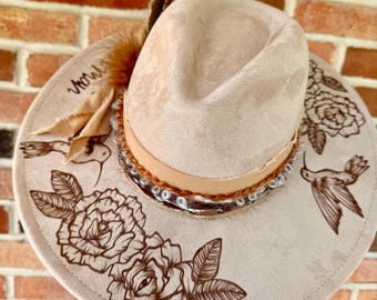 Burned Hat | Customized Hat | Custom Cowboy Hat | Cowgirl Hat | Flat Brim Hat | Wide Brim Hat | Pyrography Hat | Hand Burned Hat | Felt Hat