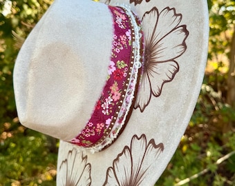 Burned Hat | Customized Hat | Custom Cowboy Hat | Cowgirl Hat | Flat Brim Hat | Wide Brim Hat | Pyrography Hat | Hand Burned Hat | Felt Hat