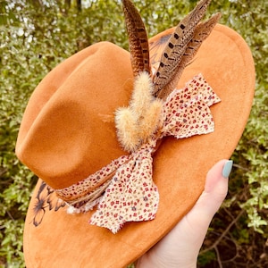 Reverse Burned Wide Brim Hat | Custom Made to Order with any Personalizations that you want | Floral Burned Design | rustic hat band