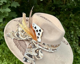 Burned Hat | Customized Hat | Custom Cowboy Hat | Cowgirl Hat | Flat Brim Hat | Wide Brim Hat | Pyrography Hat | Hand Burned Hat | Felt Hat
