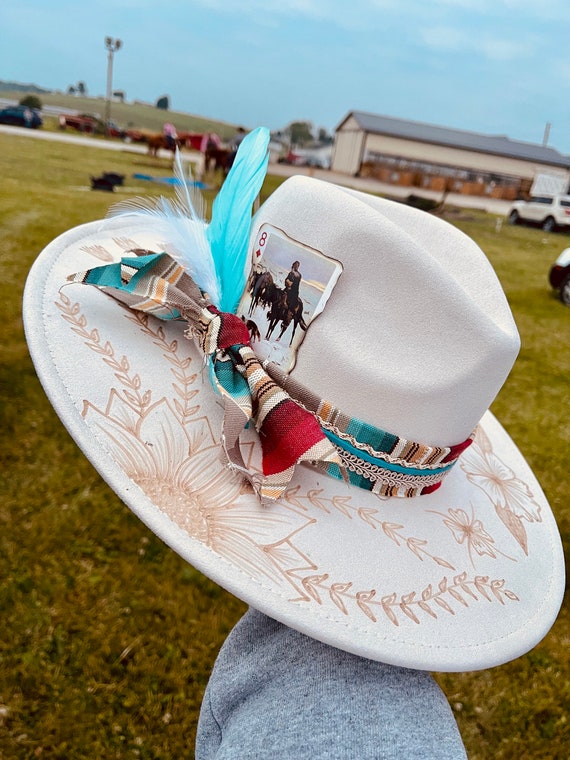 Custom Hand Burned Hat Hand Burned Wide Brim Hat Custom Branded Hat Cactus  Burned Hat Western Hand Burned Hat 