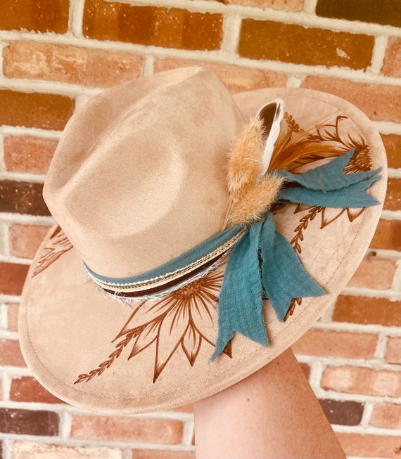 Custom Hand Burned Hat Hand Burned Wide Brim Hat Custom Branded Hat Cactus Burned  Hat Western Hand Burned Hat 