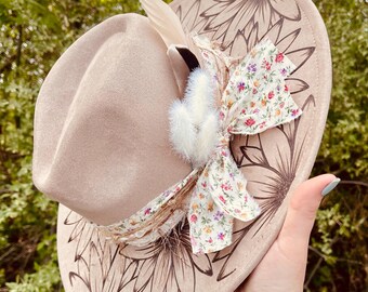 Custom Burned Tan Taupe Vegan Suede Hat – Flat Brim Western Style with Adjustable Fit, Hand-Burned Design, Floral Hat Band