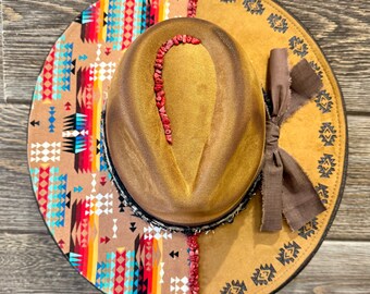 Hand Burned Vegan Suede Wide Brim Hat ~ Western Cowgirl Hat ~ Boho Rancher Hat ~ Custom Burned Hat ~ Womens Western Fashion