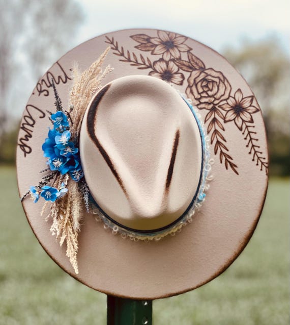 Custom Burned Western Hat – Wide Brim Wool Felt With Floral  display picture 3