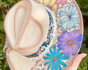Burned Hat | Customized Hat | Custom Cowboy Hat | Cowgirl Hat | Flat Brim Hat | Wide Brim Hat | Pyrography Hat | Hand Burned Hat | Felt Hat