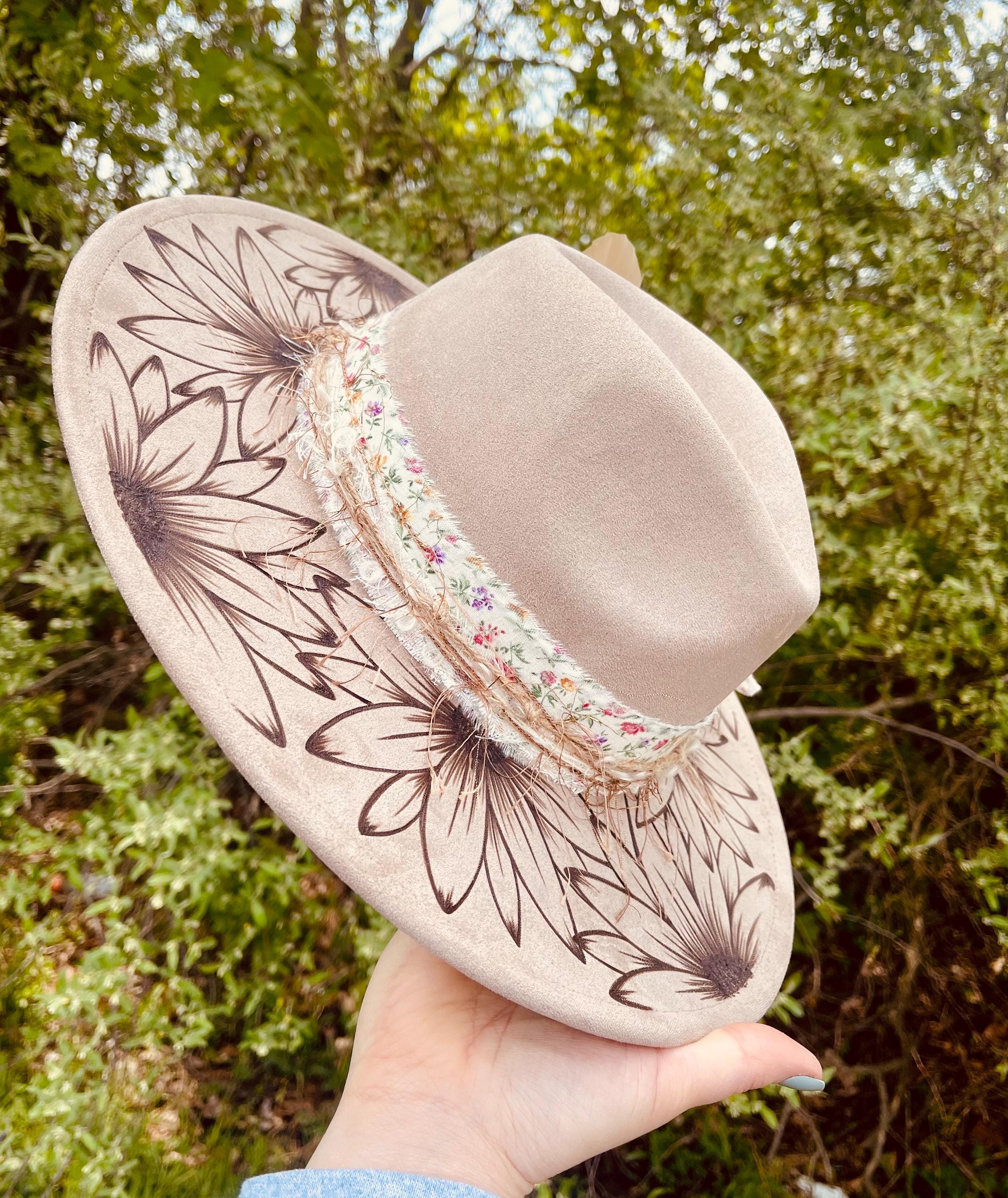 Tan, vegan sued, hand-burned wide-brimmed hat Hand Burned Vegan Suede Wide Brim Hat: Floral Vine Design - Etsy main image 3