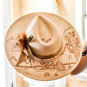 Sombrero personalizado quemado a mano / Sombrero de ala ancha quemado a mano / Sombrero de marca personalizado / Sombrero quemado con cactus / Sombrero quemado a mano estilo occidental