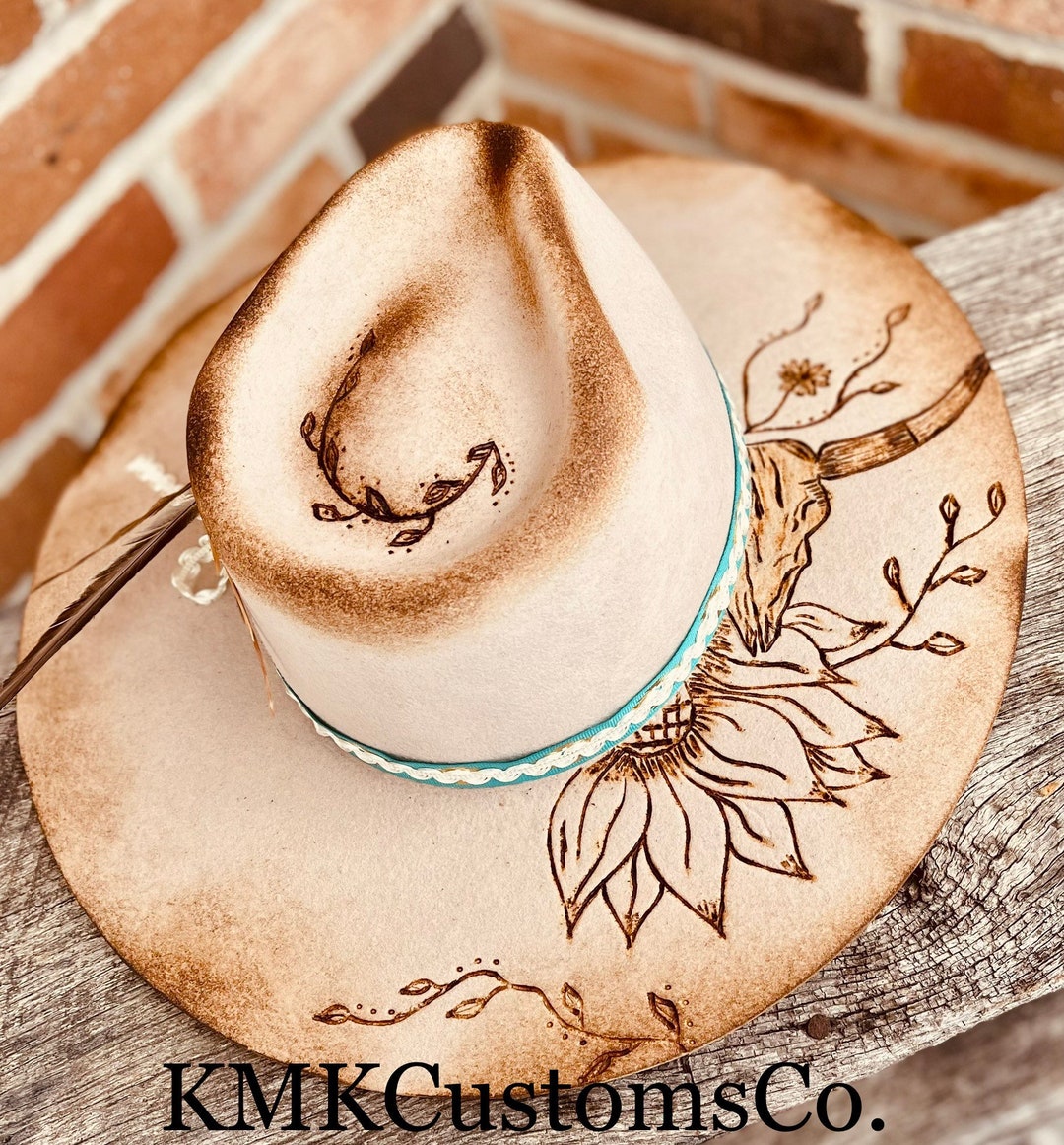 Branded Wide Brim Hat Hand Burned Cowboy Hat Burned Hat - Etsy
