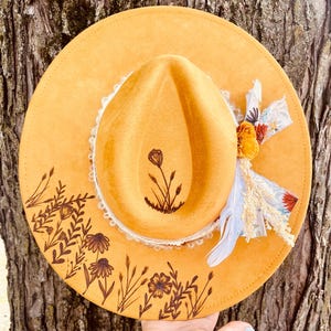 Custom Burned yellow Vegan Suede Hat – Flat Brim Western Style with Adjustable Fit, Hand-Burned Design, Boho Cowgirl, Floral Burned Design