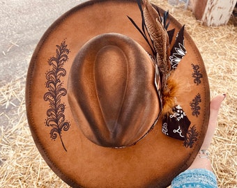 Custom Hand Burned Hat | Hand Burned Wide Brim Hat | Custom Branded Hat | Cactus Burned Hat | Western Hand Burned Hat