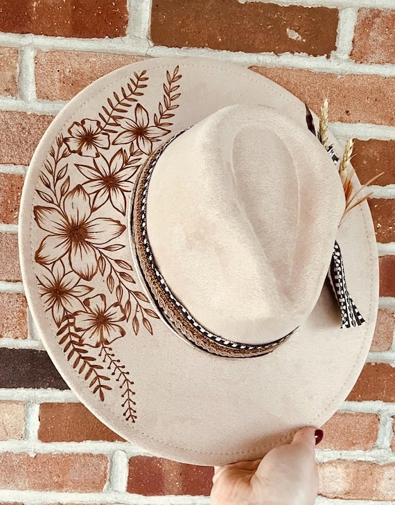 Custom Burned Camel Vegan Suede Hat – Flat Brim Western  display picture 2