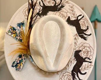 Burned Hat | Customized Hat | Custom Cowboy Hat | Cowgirl Hat | Flat Brim Hat | Wide Brim Hat | Pyrography Hat | Hand Burned Hat | Felt Hat