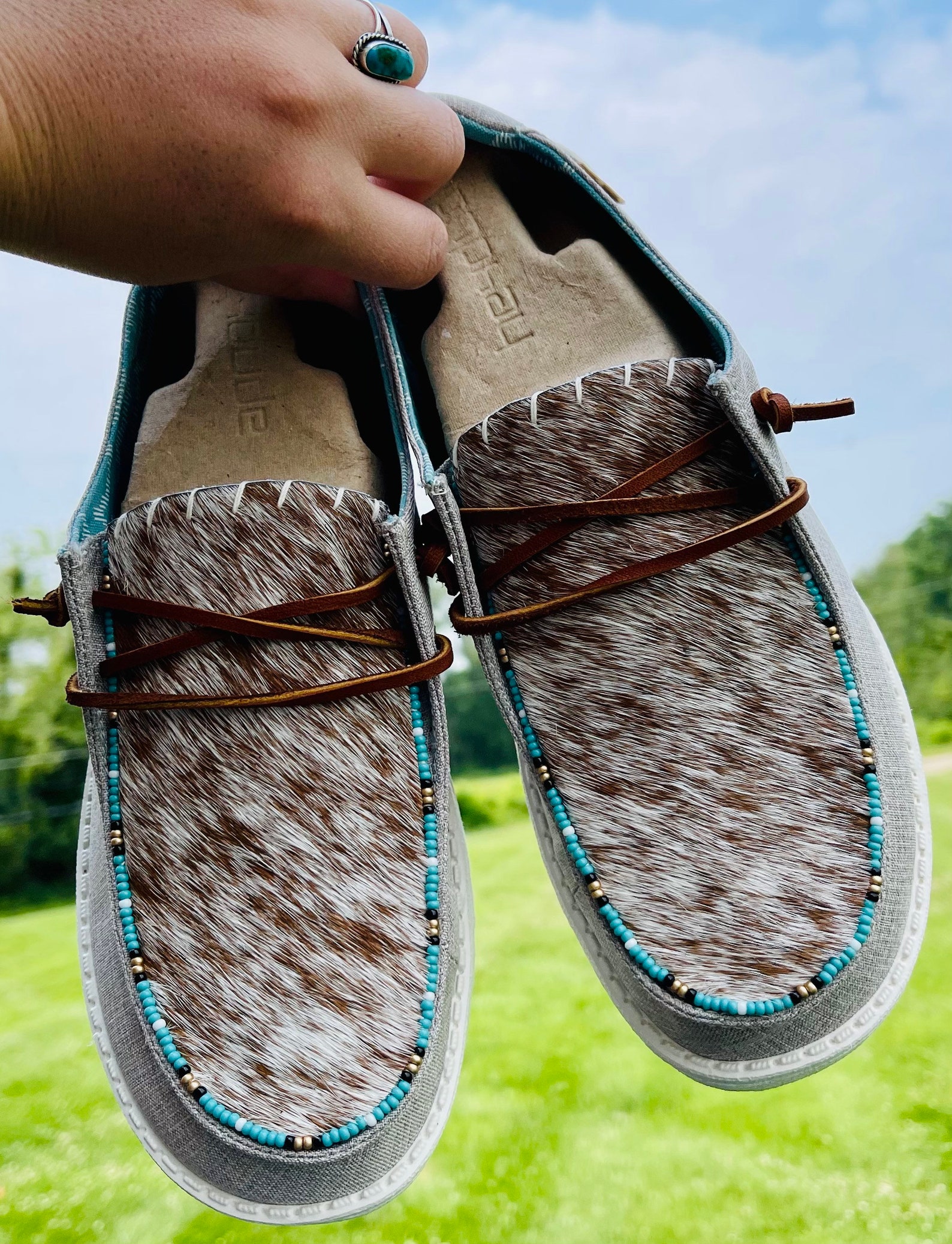 Real Cowhide Beaded Custom Hey Dudes Cowhide Hey Dudes Etsy