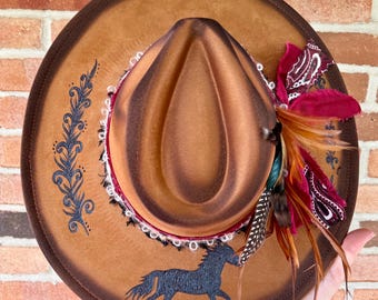 Burned Hat | Customized Hat | Custom Cowboy Hat | Cowgirl Hat | Flat Brim Hat | Wide Brim Hat | Pyrography Hat | Hand Burned Hat | Felt Hat