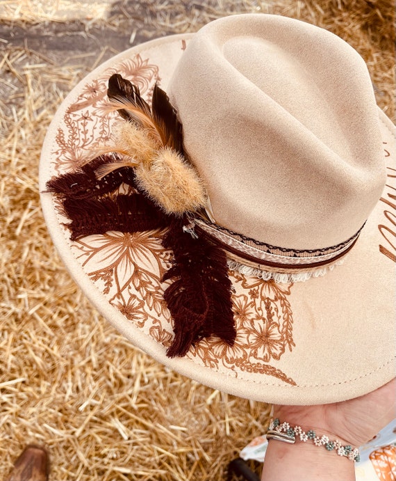 Custom Hand Burned Hat Hand Burned Wide Brim Hat Custom Branded Hat Cactus Burned  Hat Western Hand Burned Hat 