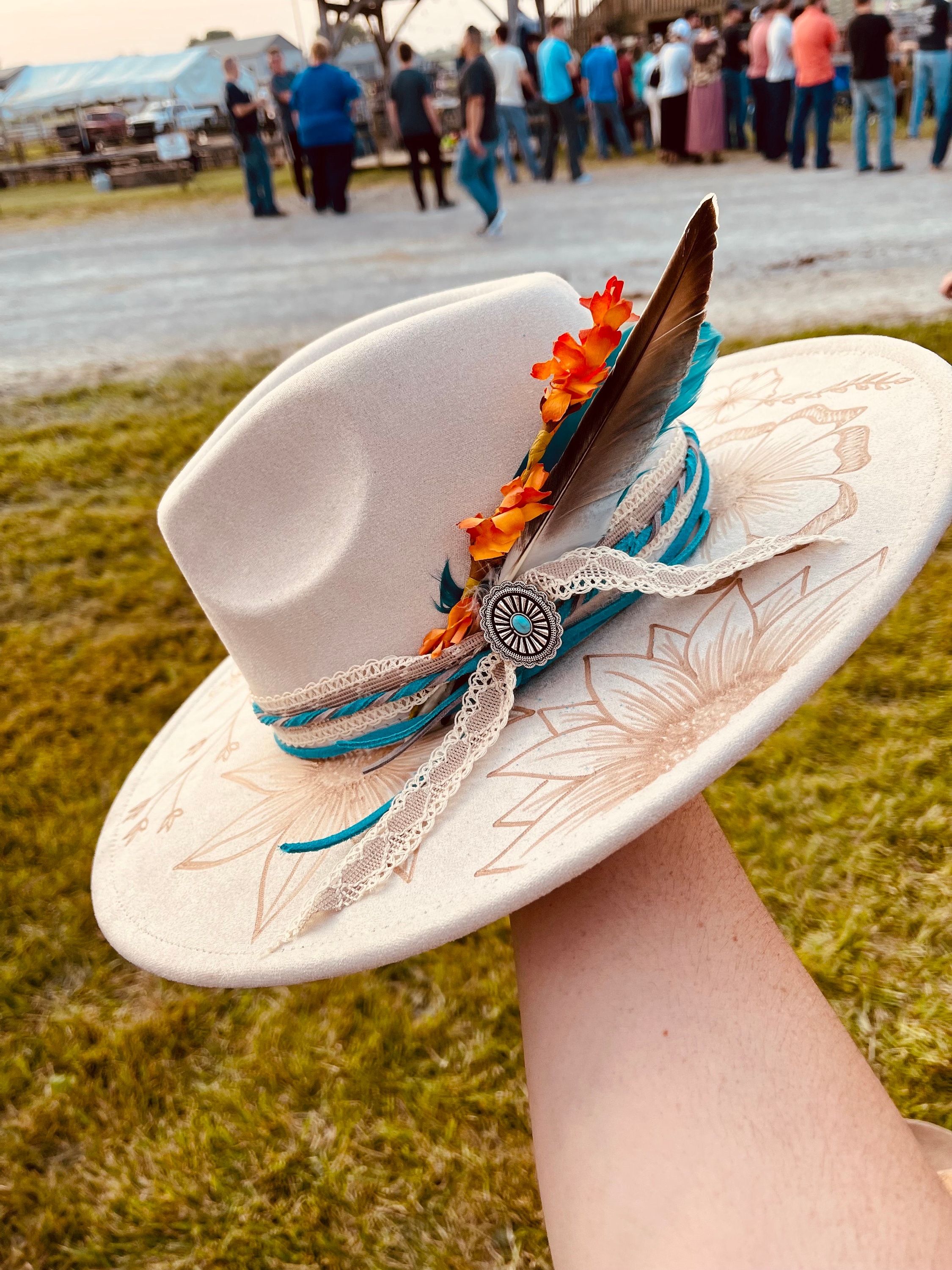 Burned & Hand Painted Boho Wide Brim Hat Floral Western Artisan Luna Bloom #hat #art #wearableart #lunamoth #handmade  main image 3