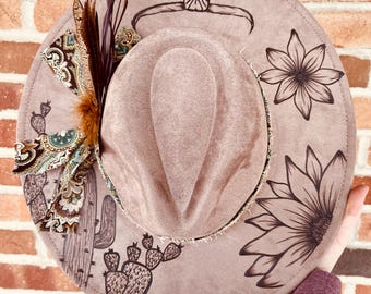 Burned Hat | Customized Hat | Custom Cowboy Hat | Cowgirl Hat | Flat Brim Hat | Wide Brim Hat | Pyrography Hat | Hand Burned Hat | Felt Hat