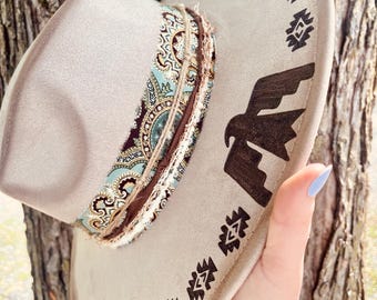 Custom Burned Taupe Vegan Suede Hat – Flat Brim Western Style with Adjustable Fit, Hand-Burned Design, Boho Cowgirl Ranch Vibes, Freebird