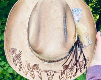 Burned Hat | Customized Hat | Custom Cowboy Hat | Cowgirl Hat | Flat Brim Hat | Wide Brim Hat | Pyrography Hat | Hand Burned Hat | Felt Hat