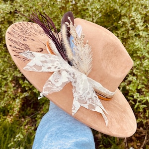 Custom Burned Neutral Color Vegan Suede Hat – Flat Brim Western Style with Adjustable Fit, Hand-Burned Design, Mountain Floral Design