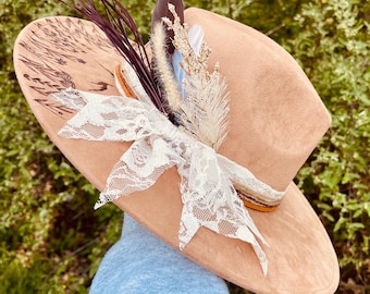 Custom Burned Neutral Color Vegan Suede Hat – Flat Brim Western Style with Adjustable Fit, Hand-Burned Design, Mountain Floral Design