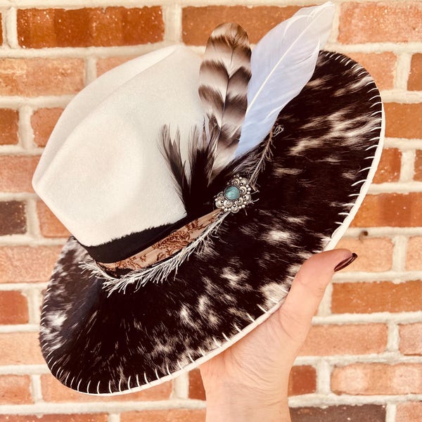 Sombrero personalizado de piel de vaca / Sombrero decorado de piel de vaca / Sombrero de ala ancha de piel de vaca / Sombrero vaquero con estampado de vaca / Piel de vaca hecha a mano / Cuero de vaca genuino