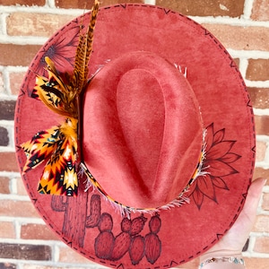 Custom Hand Burned Hat | Hand Burned Wide Brim Hat | Custom Branded Hat | Cactus Burned Hat | Western Hand Burned Hat