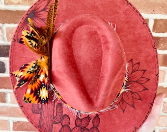 Custom Hand Burned Hat | Hand Burned Wide Brim Hat | Custom Branded Hat | Cactus Burned Hat | Western Hand Burned Hat