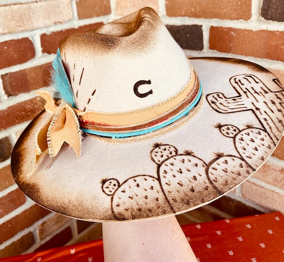 Brown Western Hat with Cactus Design Desert Burned Hat, Cactus Engraved Cowboy Hat, Cactus Hat  main image 3