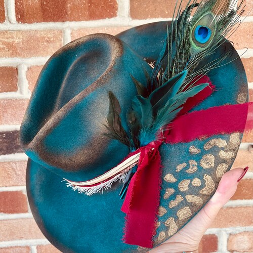 Turquoise Teal Hand Burned Custom Floral Wide Brim Fedora  display picture 1