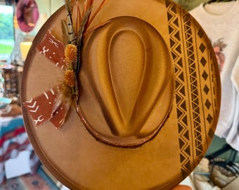 Hand Burned Vegan Suede Wide Brim Hat ~ Western Cowgirl Hat ~ Boho Rancher Hat ~ Custom Burned Hat ~ Womens Western Fashion