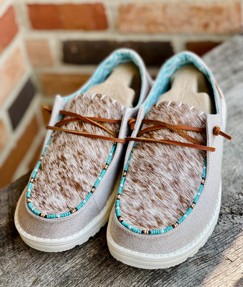 Real Cowhide + Beaded Custom Hey Dudes | Cowhide Hey Dudes | Beaded Hey Dudes | Authentic Cowhide Shoes | Hey Dudes 