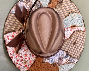 Hand Burned Vegan Suede Wide Brim Hat ~ Western Cowgirl Hat ~ Boho Rancher Hat ~ Custom Burned Hat ~ Womens Western Fashion