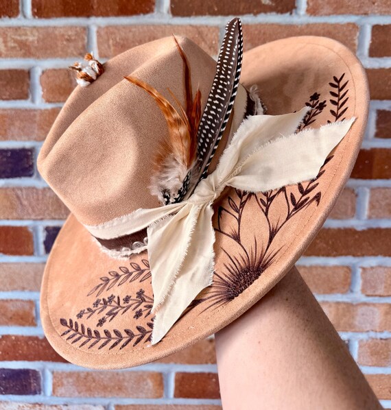 Floral Hand Burned Tan Hat Leopard Print Cowboy Fedora Hat – Hand Burned Tan Western  main image 3