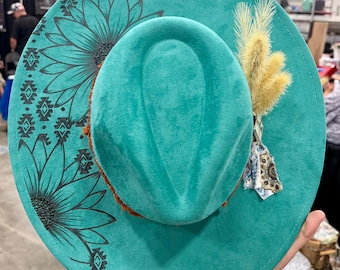 Hand Burned Vegan Suede Wide Brim Hat ~ Western Cowgirl Hat ~ Boho Rancher Hat ~ Custom Burned Hat ~ Womens Western Fashion
