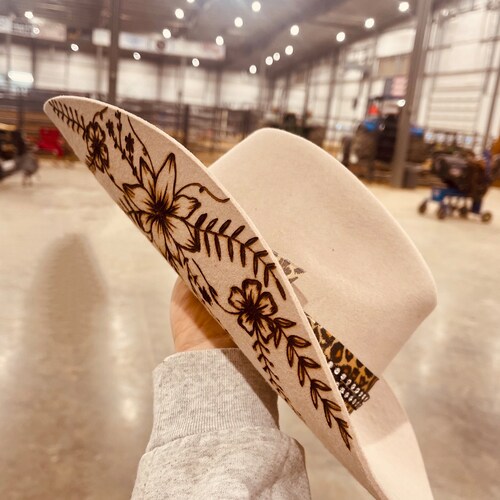 Hand Burned Custom Wide Brim Fedora Hat | Floral, Flower  display picture 1