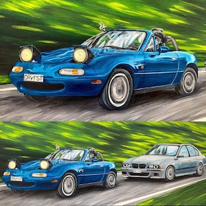 May include: Two blue sports cars, one a convertible, driving on a green and yellow blurred background. The convertible has the text "DRVFST" on the front bumper.