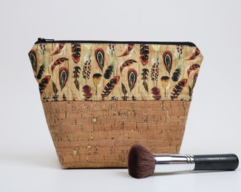 Small Tan Feather Cosmetic Bag, Boho Makeup Bag, Indian Cosmetic Bag