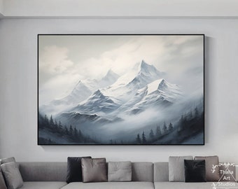 Hand Painted Original Mountain Painting Large Mountain Landscape Texture Painting Modern Blue and Gray Painting Realistic Mountain Painting