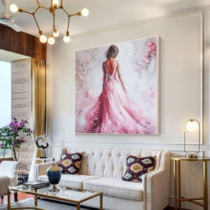 Large Elegant Woman Figure Oil Painting Minimalist Pink Long Dress Large Flower Abstract Wall Art Female Back Painting Modern Painting